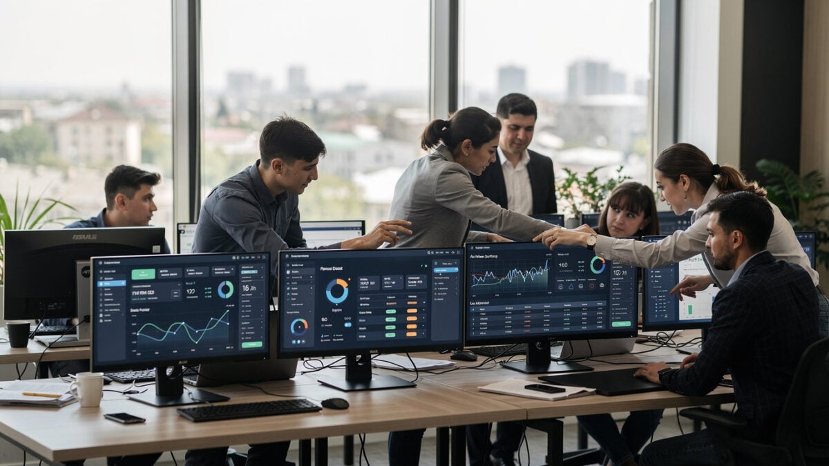 Fintech workers at standing desks in Tashkent office with payment dashboards on screens