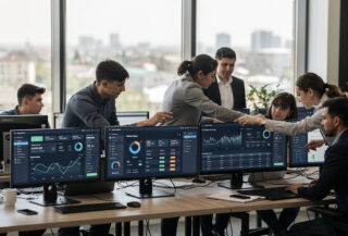 Fintech workers at standing desks in Tashkent office with payment dashboards on screens