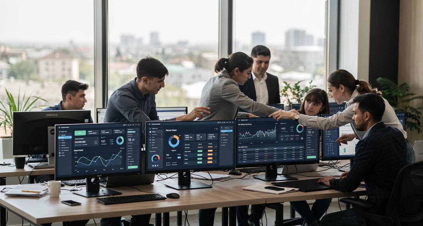 Fintech workers at standing desks in Tashkent office with payment dashboards on screens