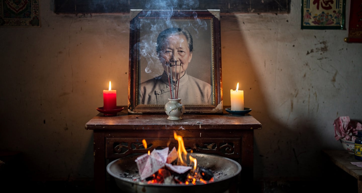 Framed photograph on altar with incense smoke and burning paper offerings, Zhejiang home