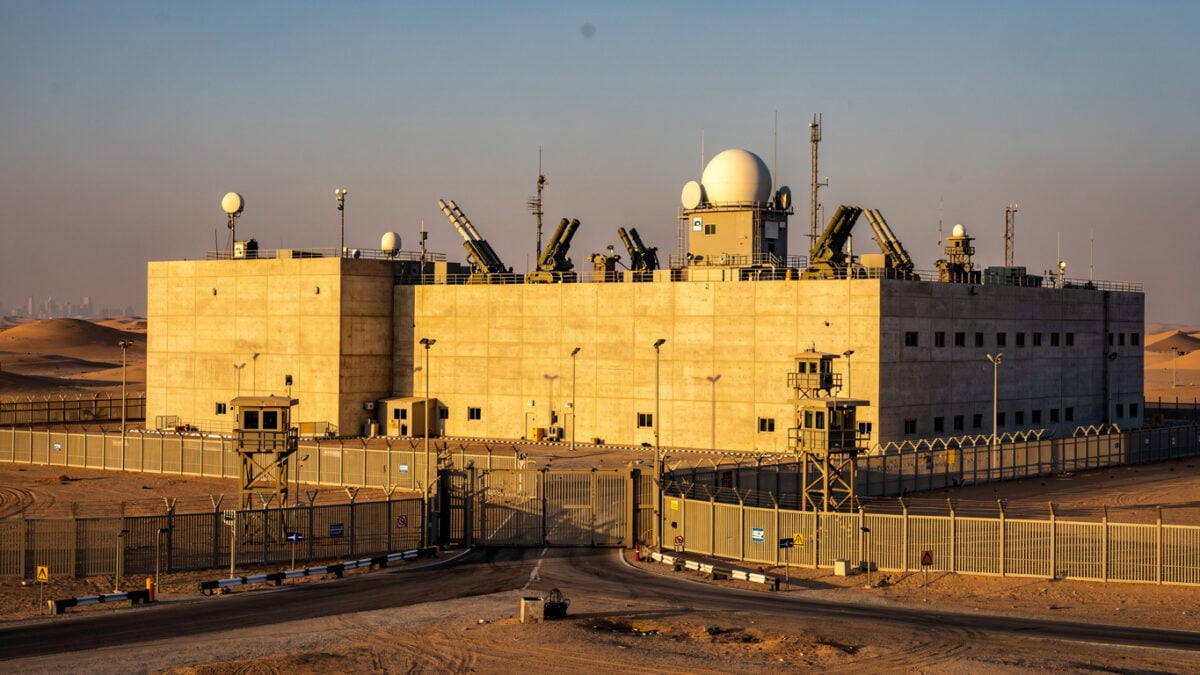 Hardened data centre with blast-resistant walls and air defence systems, Abu Dhabi desert