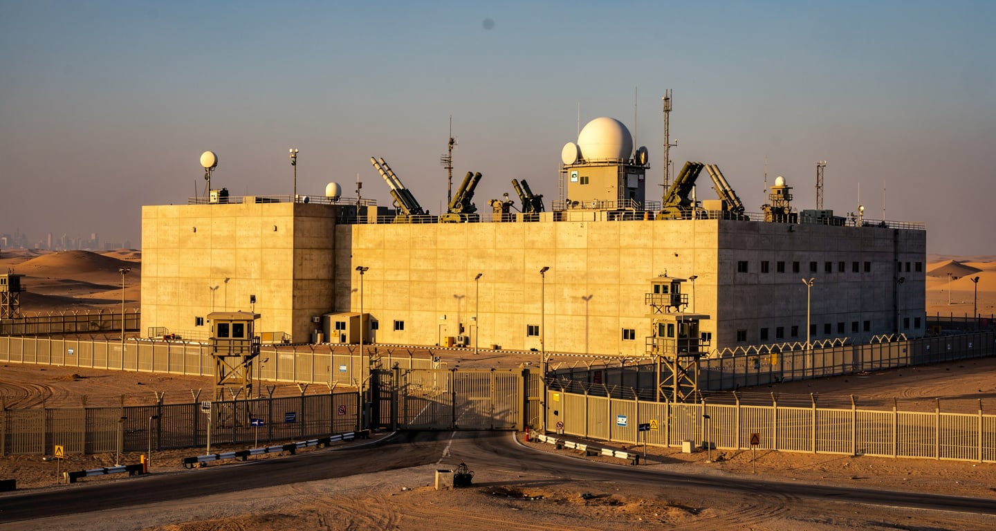 Hardened data centre with blast-resistant walls and air defence systems, Abu Dhabi desert