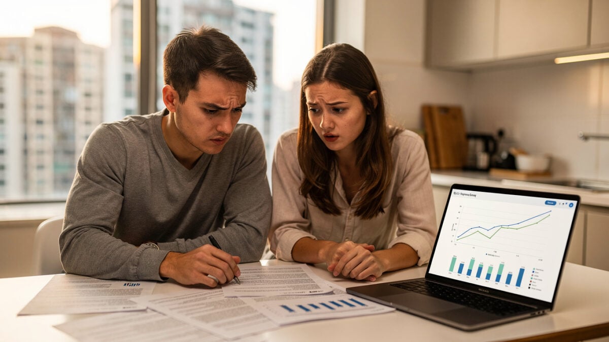 Hong Kong couple reviewing mortgage documents at home with interest rate charts on laptop screen