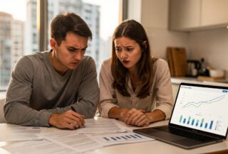 Hong Kong couple reviewing mortgage documents at home with interest rate charts on laptop screen