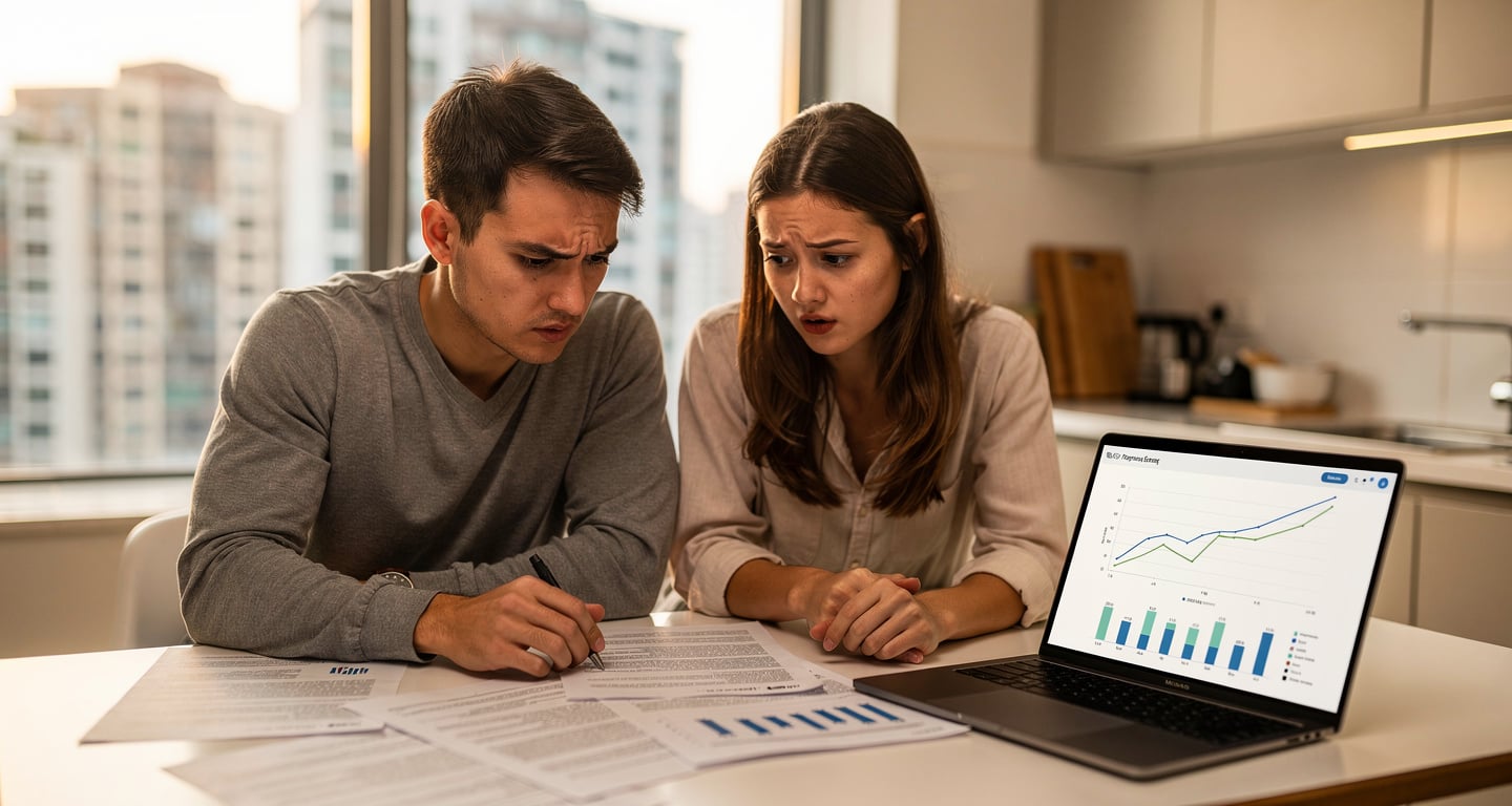 Hong Kong couple reviewing mortgage documents at home with interest rate charts on laptop screen