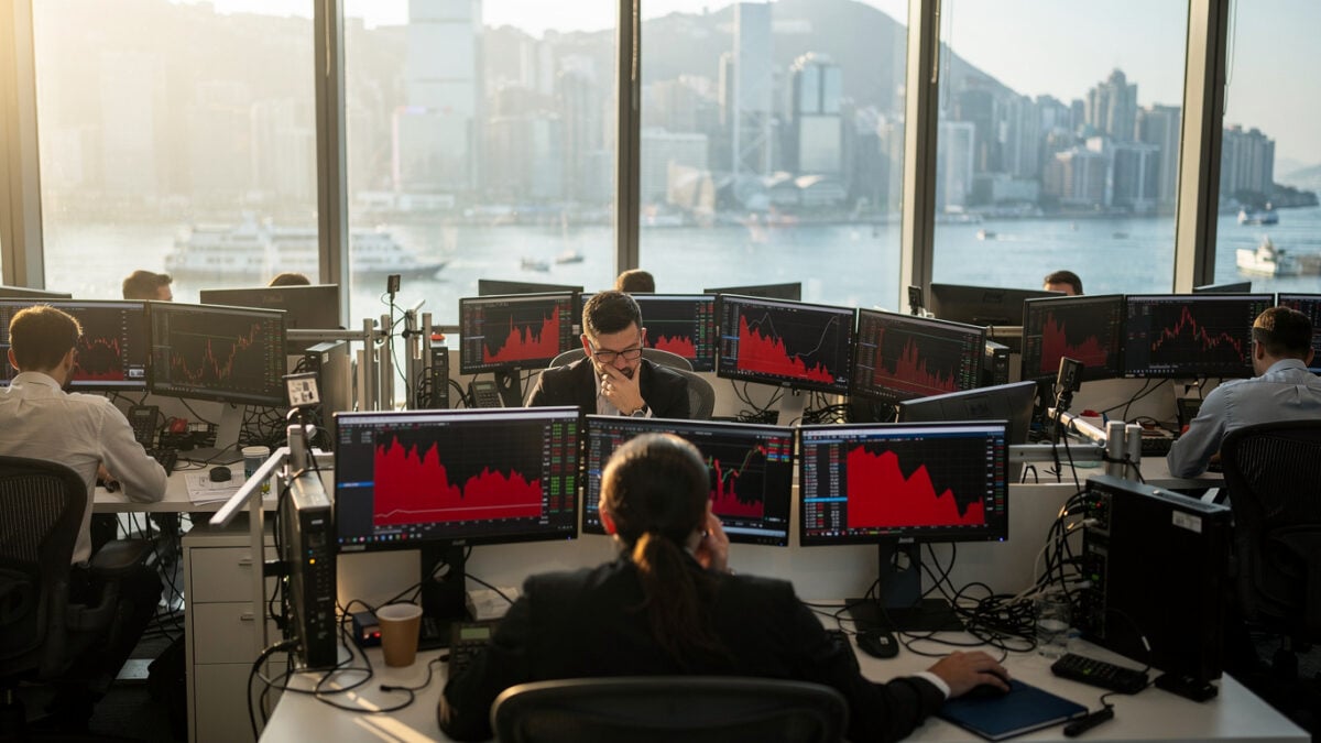 Hong Kong traders monitoring falling stock charts on red screens in dealing room overlooking Victoria Harbour