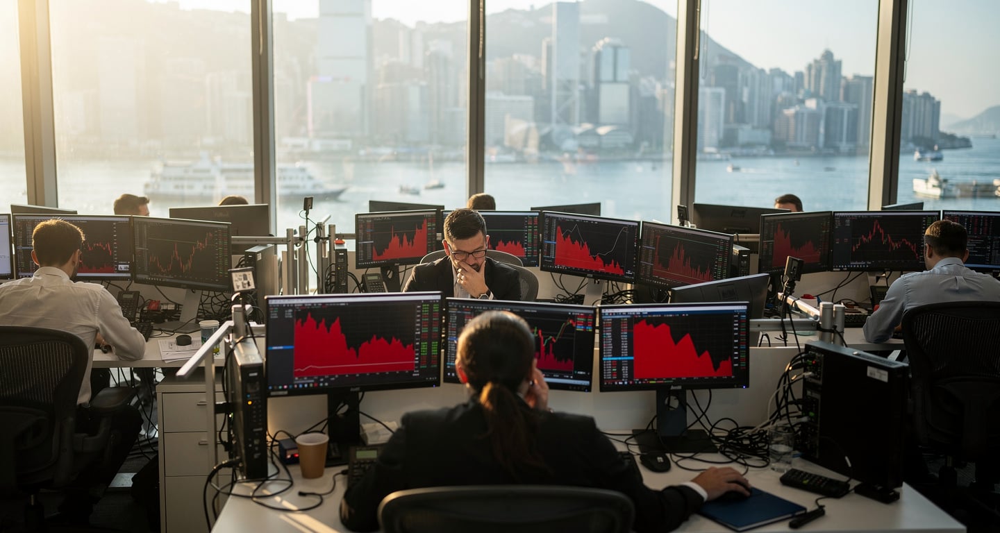 Hong Kong traders monitoring falling stock charts on red screens in dealing room overlooking Victoria Harbour