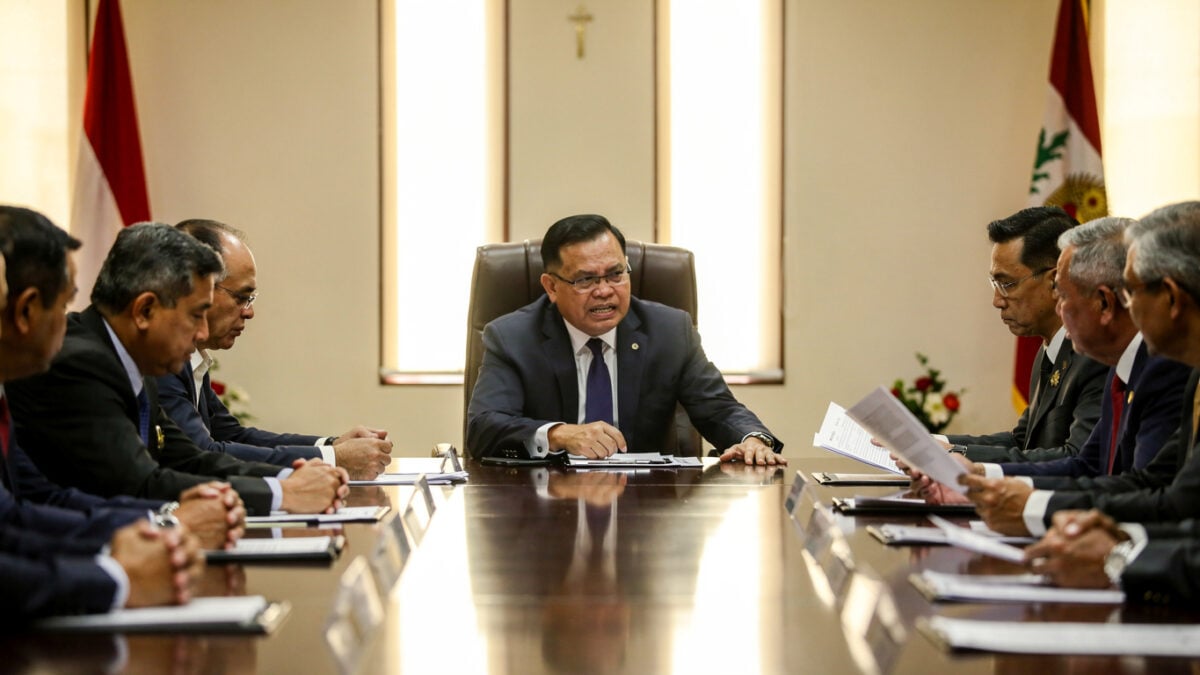 Malaysian cabinet officials at formal government table, one minister visibly tense, Kuala Lumpur