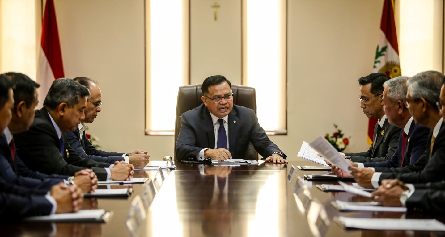 Malaysian cabinet officials at formal government table, one minister visibly tense, Kuala Lumpur