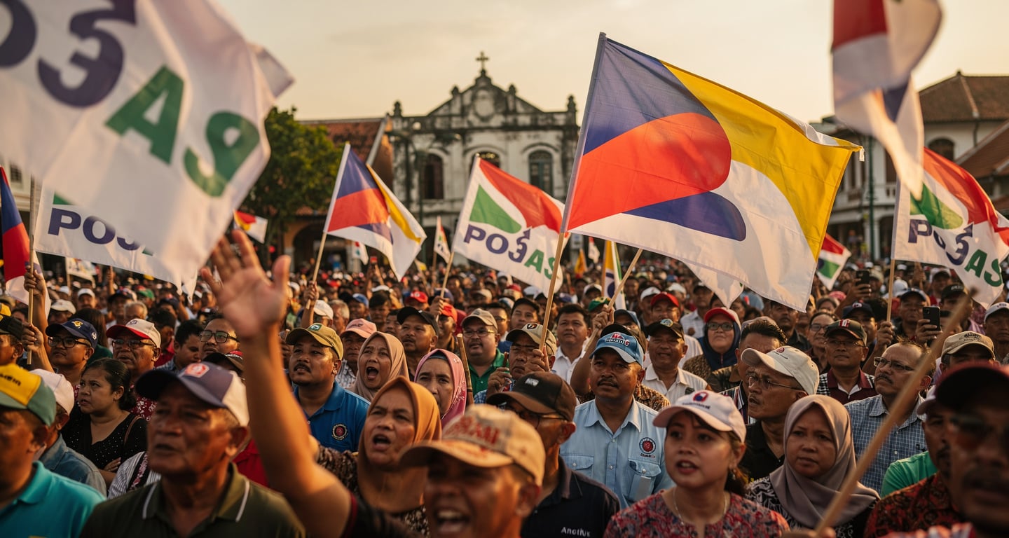 Malaysian political rally supporters holding party flags at Melaka campaign event, afternoon light