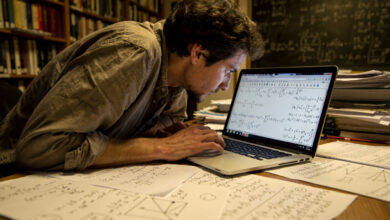 Mathematician studying equations on laptop screen in university office, scattered papers, warm overhead lighting