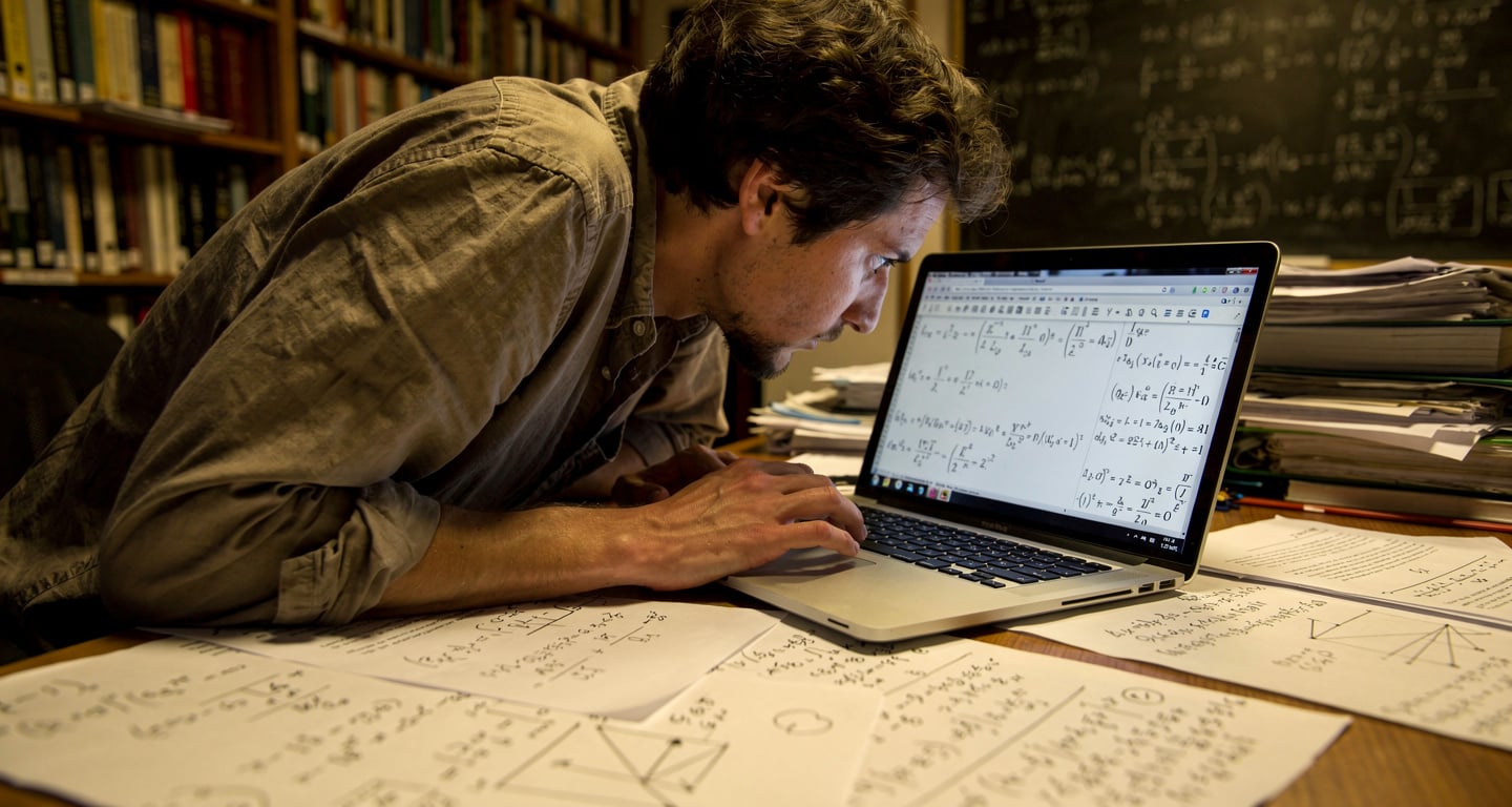 Mathematician studying equations on laptop screen in university office, scattered papers, warm overhead lighting