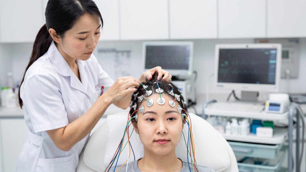 Medical technician placing EEG electrodes on patient scalp in Beijing hospital neurology lab