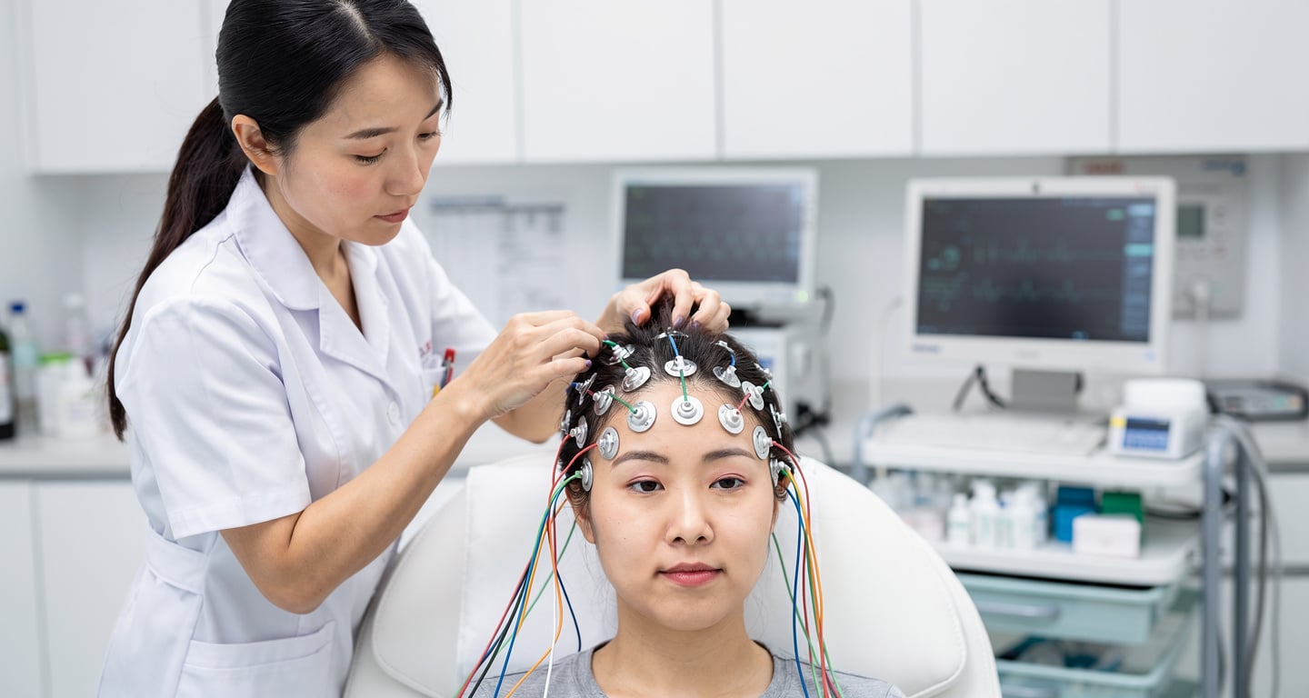 Medical technician placing EEG electrodes on patient scalp in Beijing hospital neurology lab