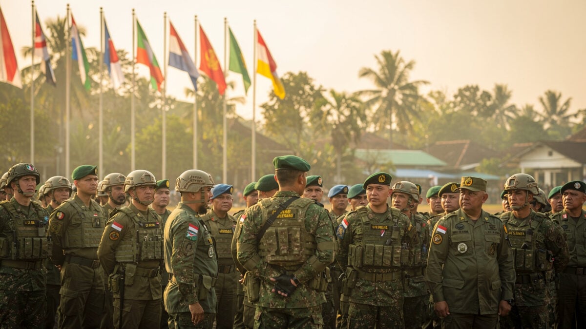 Military personnel from multiple nations in formation at Bandung briefing, participating country flags visible
