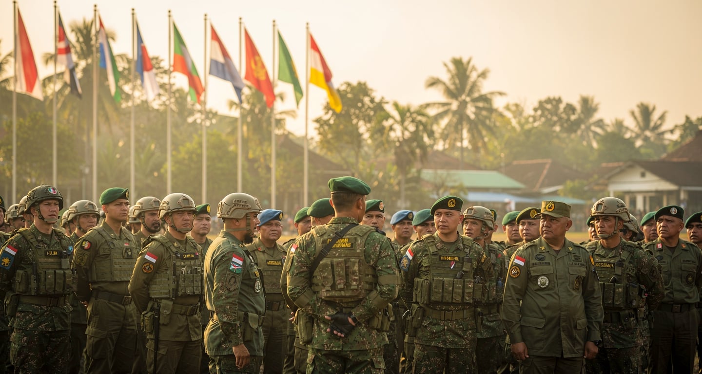 Military personnel from multiple nations in formation at Bandung briefing, participating country flags visible