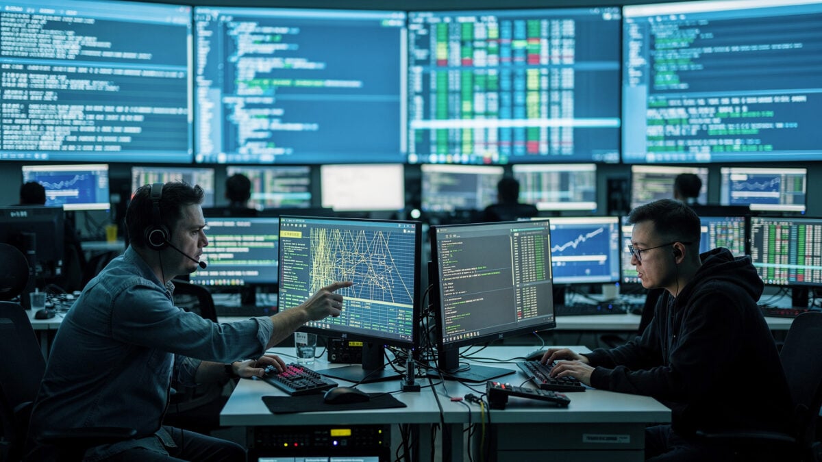 Network operations center with technicians monitoring API traffic logs and code on multiple screens, Beijing