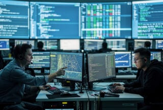 Network operations center with technicians monitoring API traffic logs and code on multiple screens, Beijing