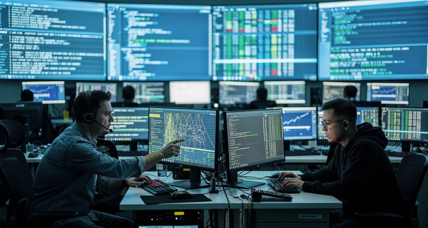 Network operations center with technicians monitoring API traffic logs and code on multiple screens, Beijing