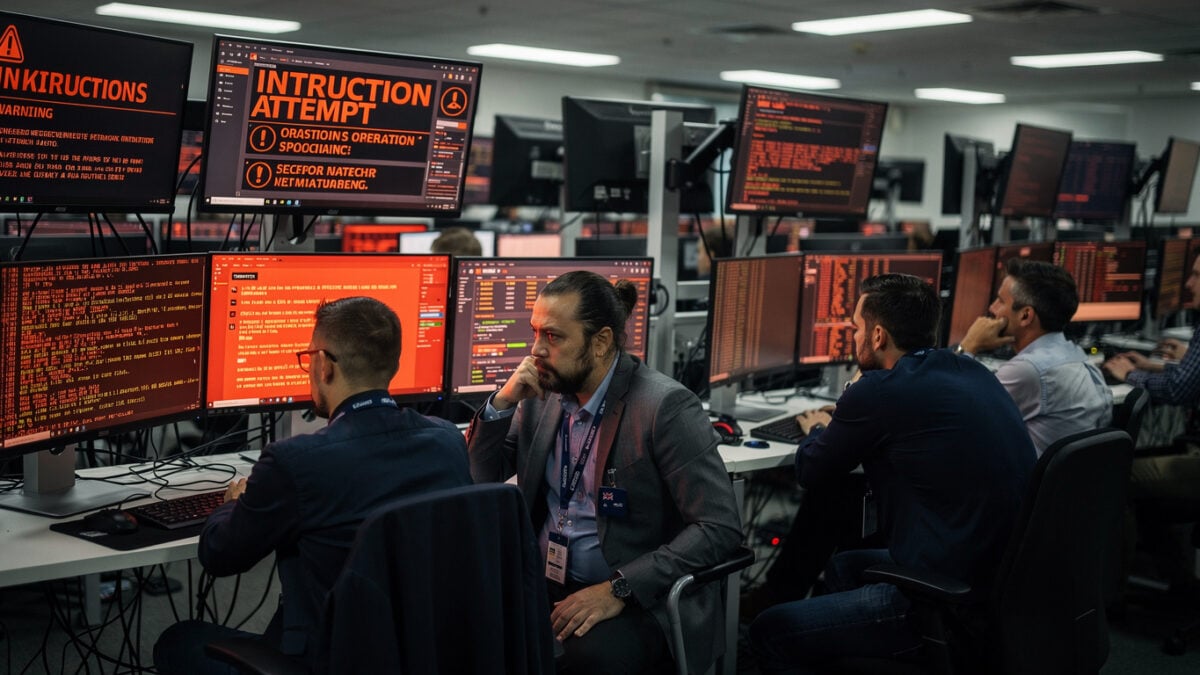 Network operations staff monitoring intrusion alerts on red screens in Australian government facility