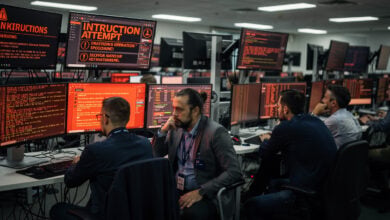 Network operations staff monitoring intrusion alerts on red screens in Australian government facility