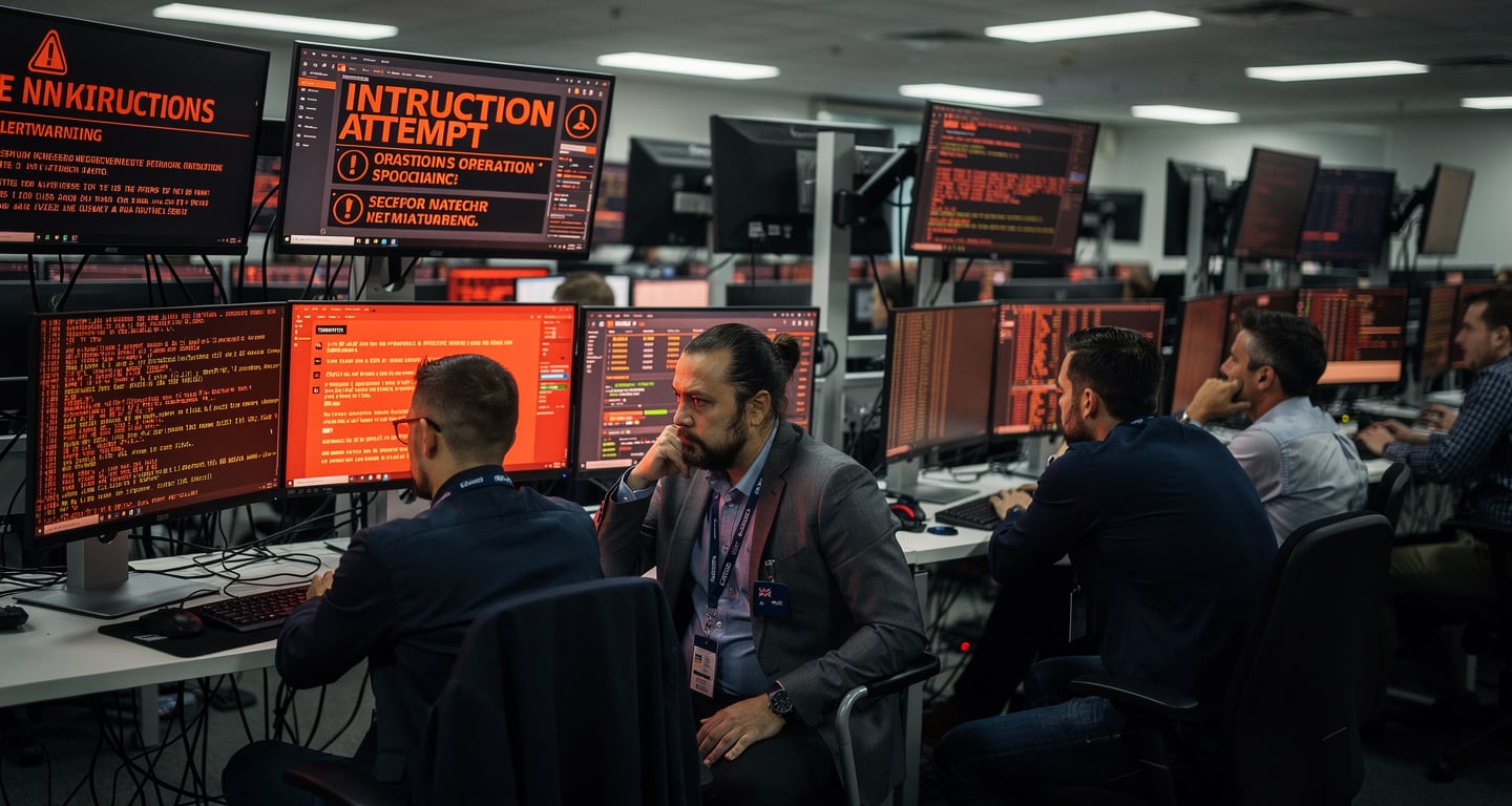 Network operations staff monitoring intrusion alerts on red screens in Australian government facility