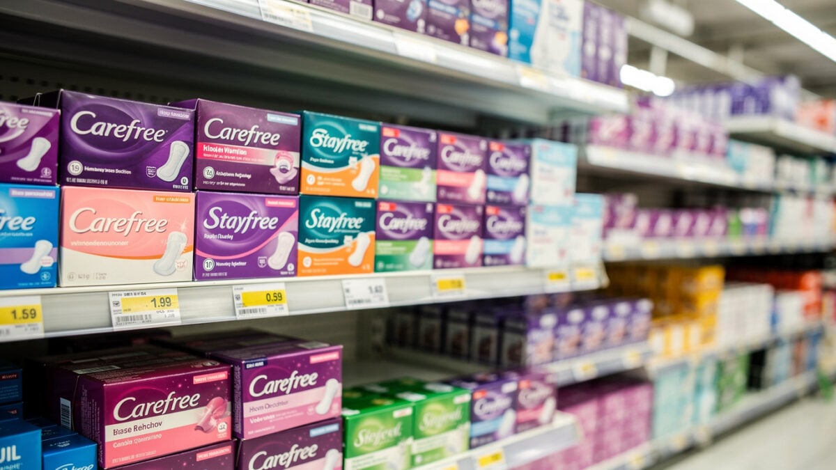 Period-care product shelf in Australian supermarket displaying Carefree, Stayfree, and competing brands under fluorescent lighting