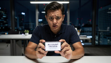 Person viewing frozen account notification on smartphone at Singapore office desk, harsh lighting