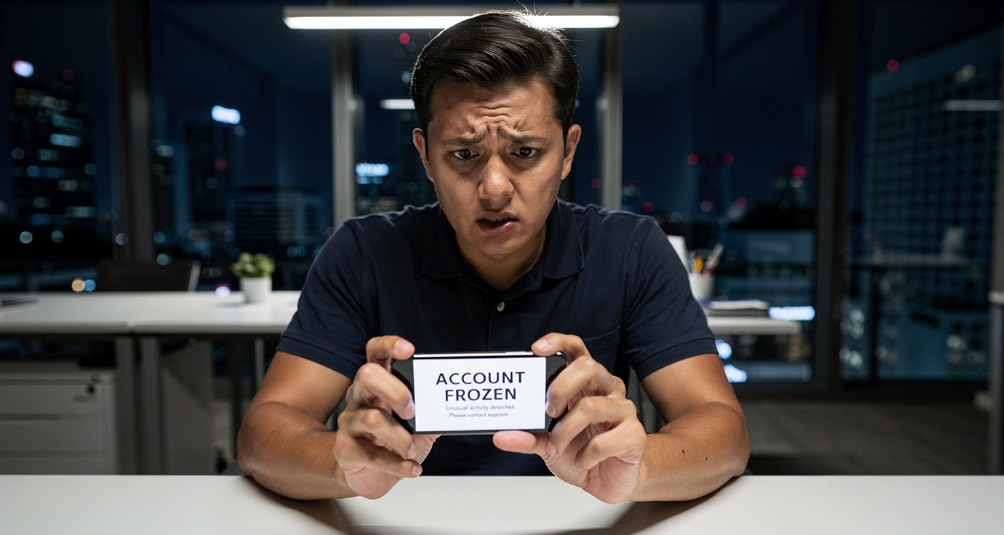Person viewing frozen account notification on smartphone at Singapore office desk, harsh lighting