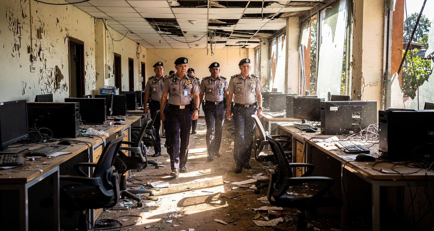 Police officers inspecting abandoned scam compound in Phnom Penh, empty desks and computers visible