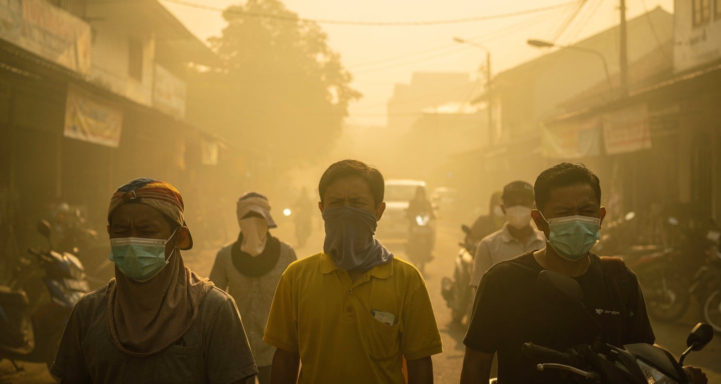 Pontianak residents wearing masks against thick yellow smoke haze on street, midday