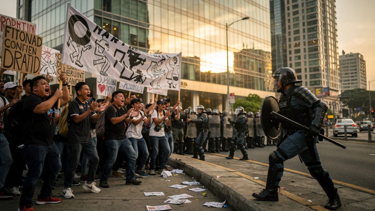 Protesters clashing with police outside Manila hotel during Luzon Corridor forum, banners visible, riot gear