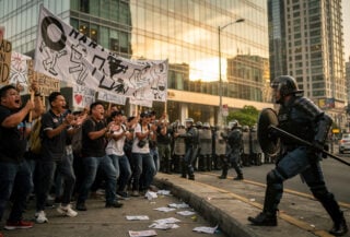 Protesters clashing with police outside Manila hotel during Luzon Corridor forum, banners visible, riot gear