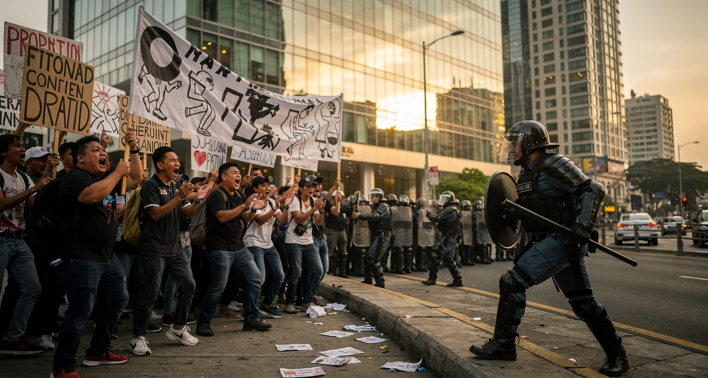 Protesters clashing with police outside Manila hotel during Luzon Corridor forum, banners visible, riot gear