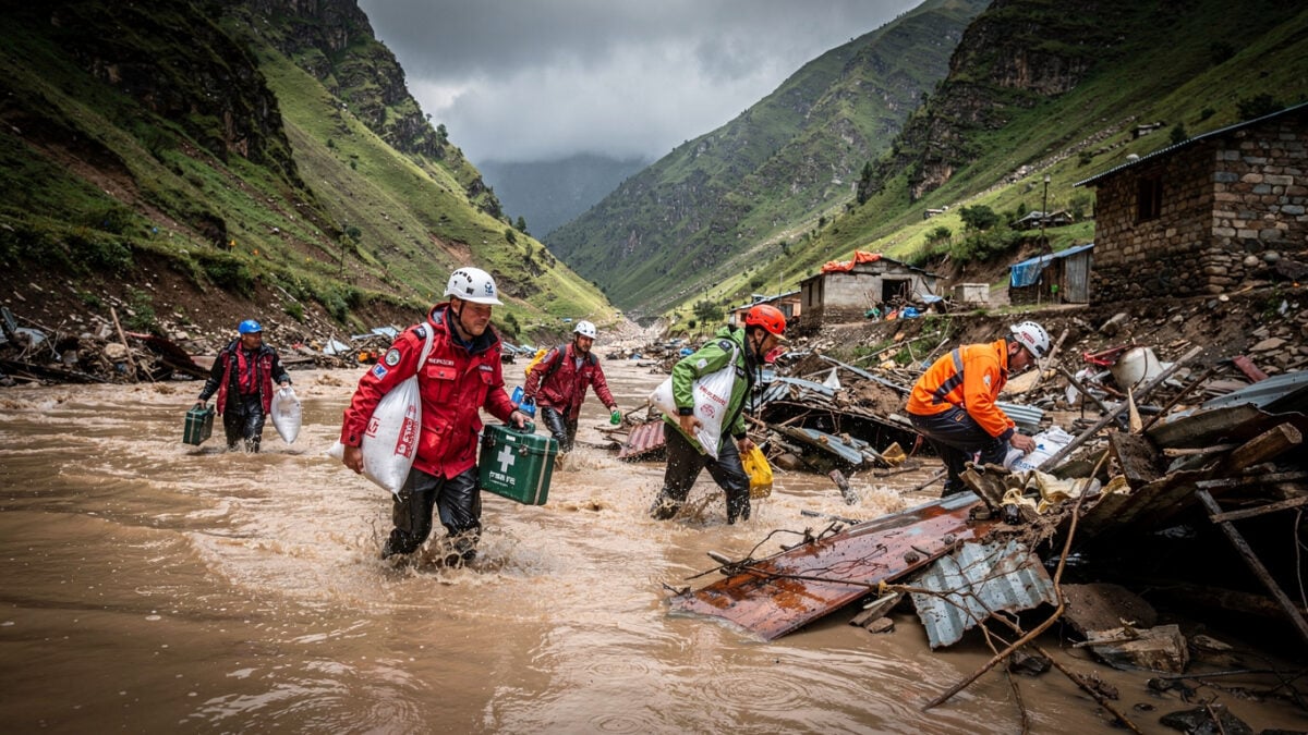 Rescue workers wading through floodwaters in Nepal mountain valley carrying supplies, searching debris