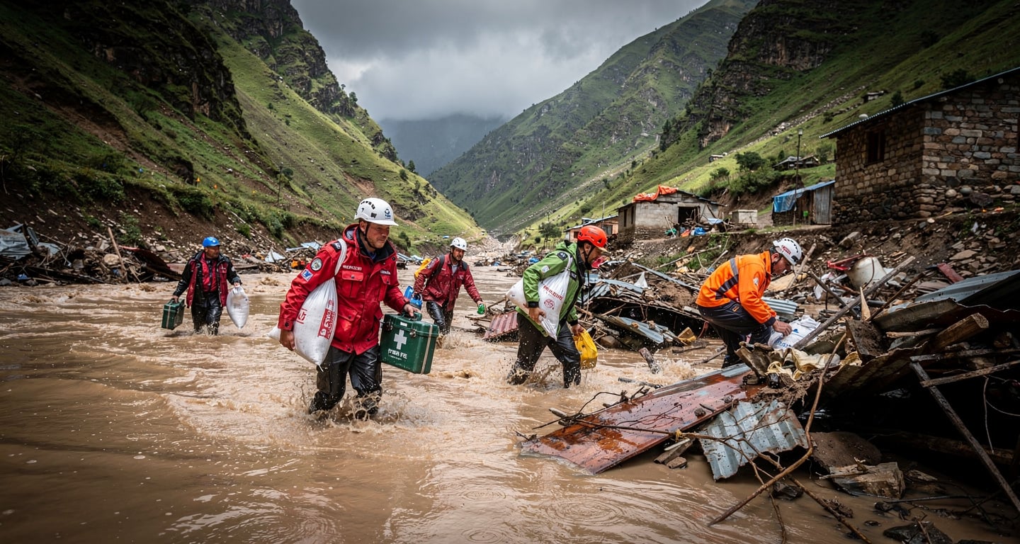 Rescue workers wading through floodwaters in Nepal mountain valley carrying supplies, searching debris