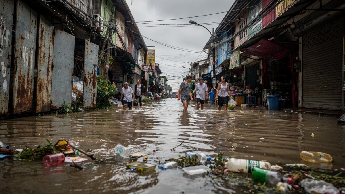 Residents wading through floodwater on Bangkok street during monsoon deluge, shophouses visible