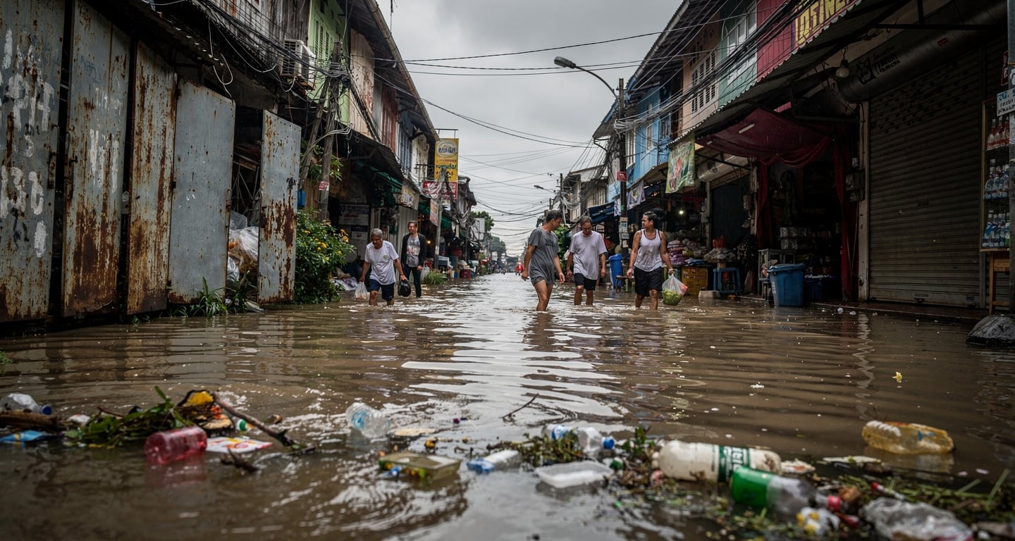 Residents wading through floodwater on Bangkok street during monsoon deluge, shophouses visible