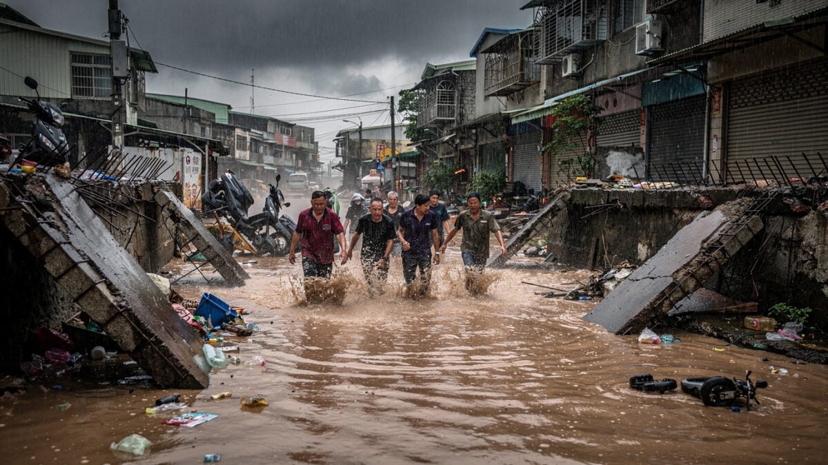 Residents wading through floodwaters on Kaohsiung street during heavy monsoon rain, collapsed walls visible