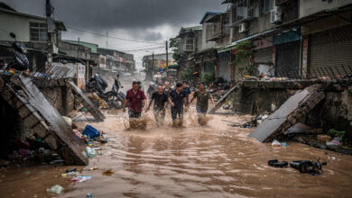 Residents wading through floodwaters on Kaohsiung street during heavy monsoon rain, collapsed walls visible