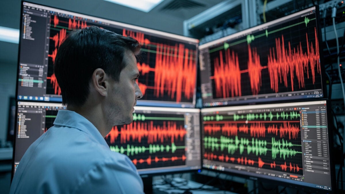 Seismologist studying waveform traces on multiple screens in research facility