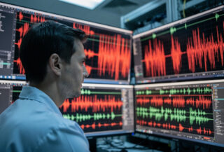 Seismologist studying waveform traces on multiple screens in research facility