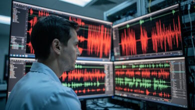 Seismologist studying waveform traces on multiple screens in research facility