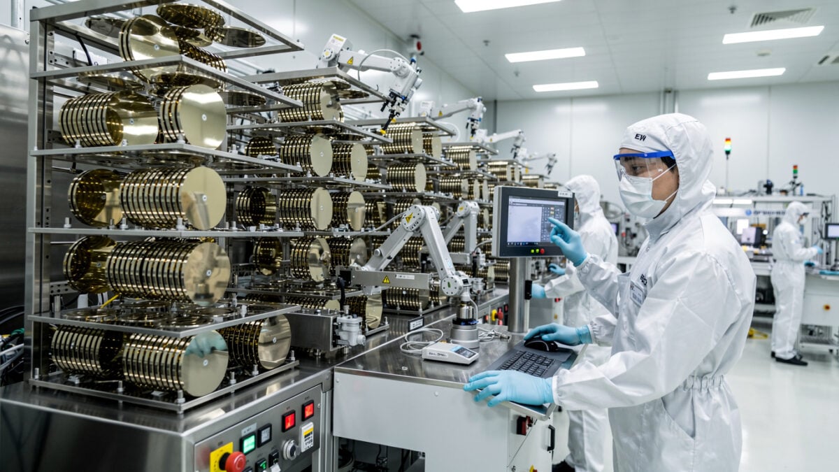 Semiconductor fab workers monitoring wafer production lines in Seoul fabrication plant under industrial lighting