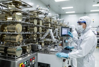 Semiconductor fab workers monitoring wafer production lines in Seoul fabrication plant under industrial lighting