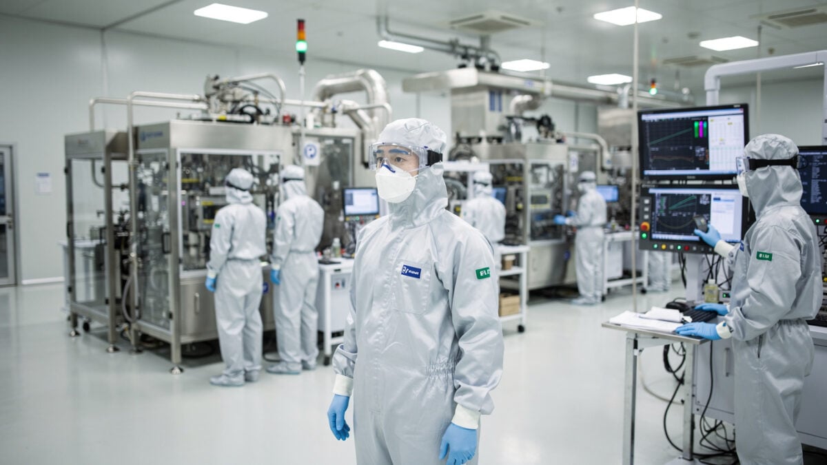 Semiconductor fab workers monitoring wafer production in Seoul cleanroom under bright overhead lighting