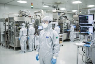 Semiconductor fab workers monitoring wafer production in Seoul cleanroom under bright overhead lighting