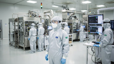 Semiconductor fab workers monitoring wafer production in Seoul cleanroom under bright overhead lighting