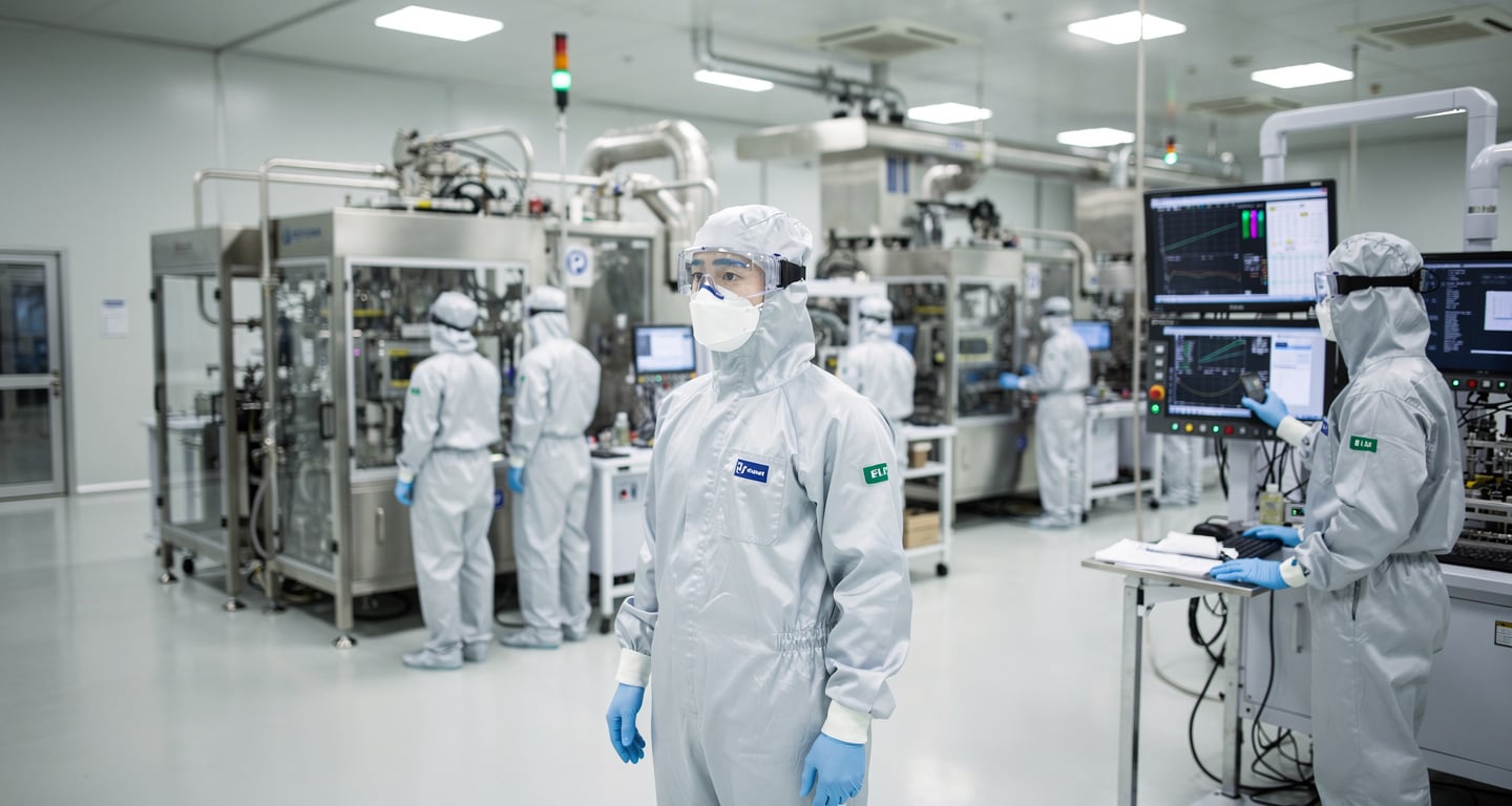 Semiconductor fab workers monitoring wafer production in Seoul cleanroom under bright overhead lighting