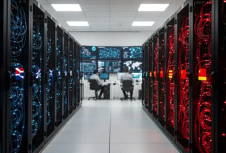 Server room with diverging blue and red data network nodes, technicians monitoring dual systems
